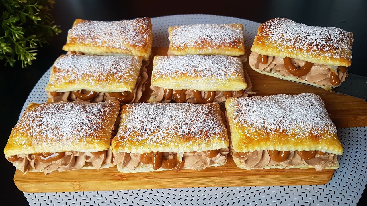 Křupavoučký krémový zákusek z listového těsta s Nutellovým krémem a karamelem