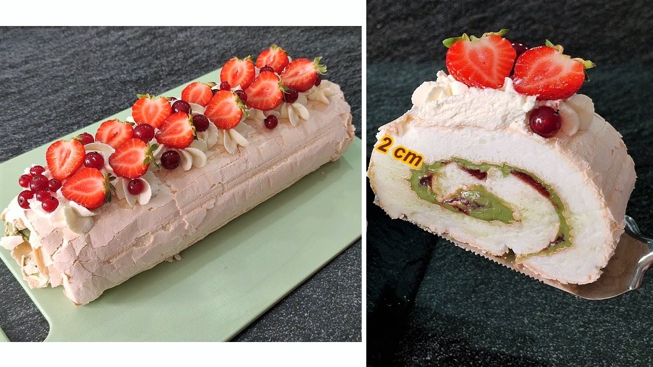 Malinovo-pistáciová roláda s pusinkovým korpusem a mascarpone krémem