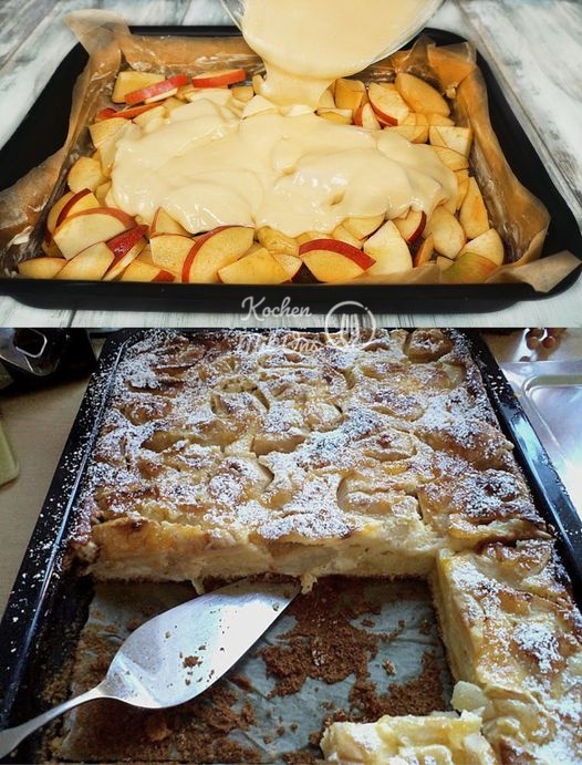 Jablečný koláč s vanilkovou zakysanou smetanou, každý kousek se rozplývá ve vašich ústech