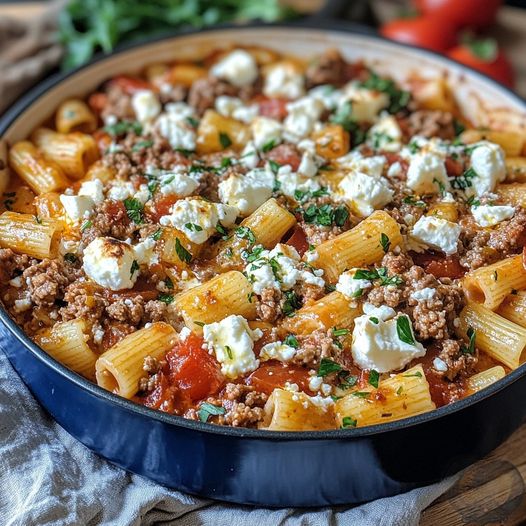 Řecké zapečené těstoviny s fetou a mletým masem