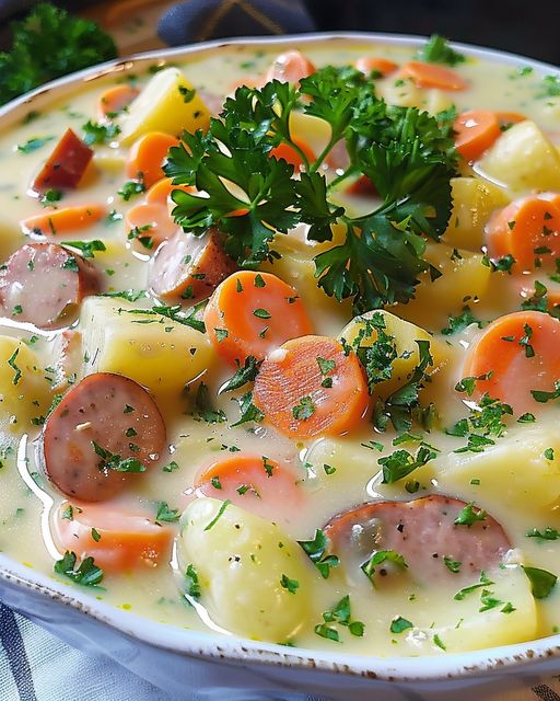 Dušenina z kedluben, brambor a mrkve s vídeňskými párky