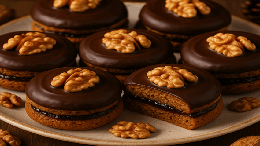 Plněné ořechové perníčky s marmeládou a čokoládovou polevou