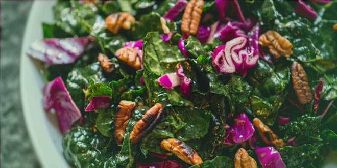 Salát z červeného zelí, pažitky, oliv a slunečnicových semínek