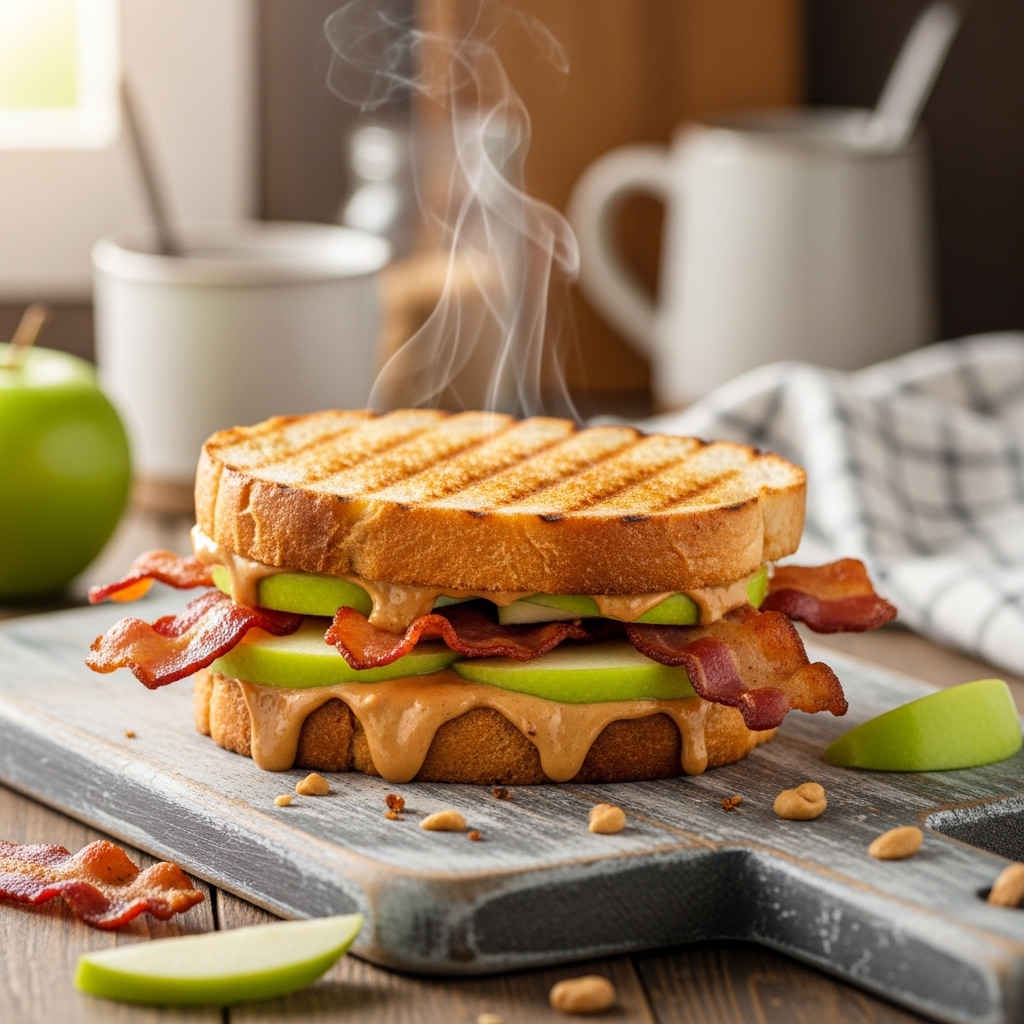 Sendvič s arašídovým máslem, jablkem a slaninou