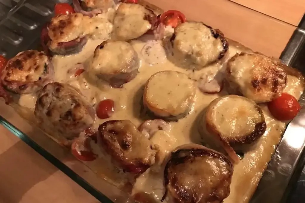 Vepřové filety se smetanovou omáčkou z Gorgonzoly a cuketou z trouby