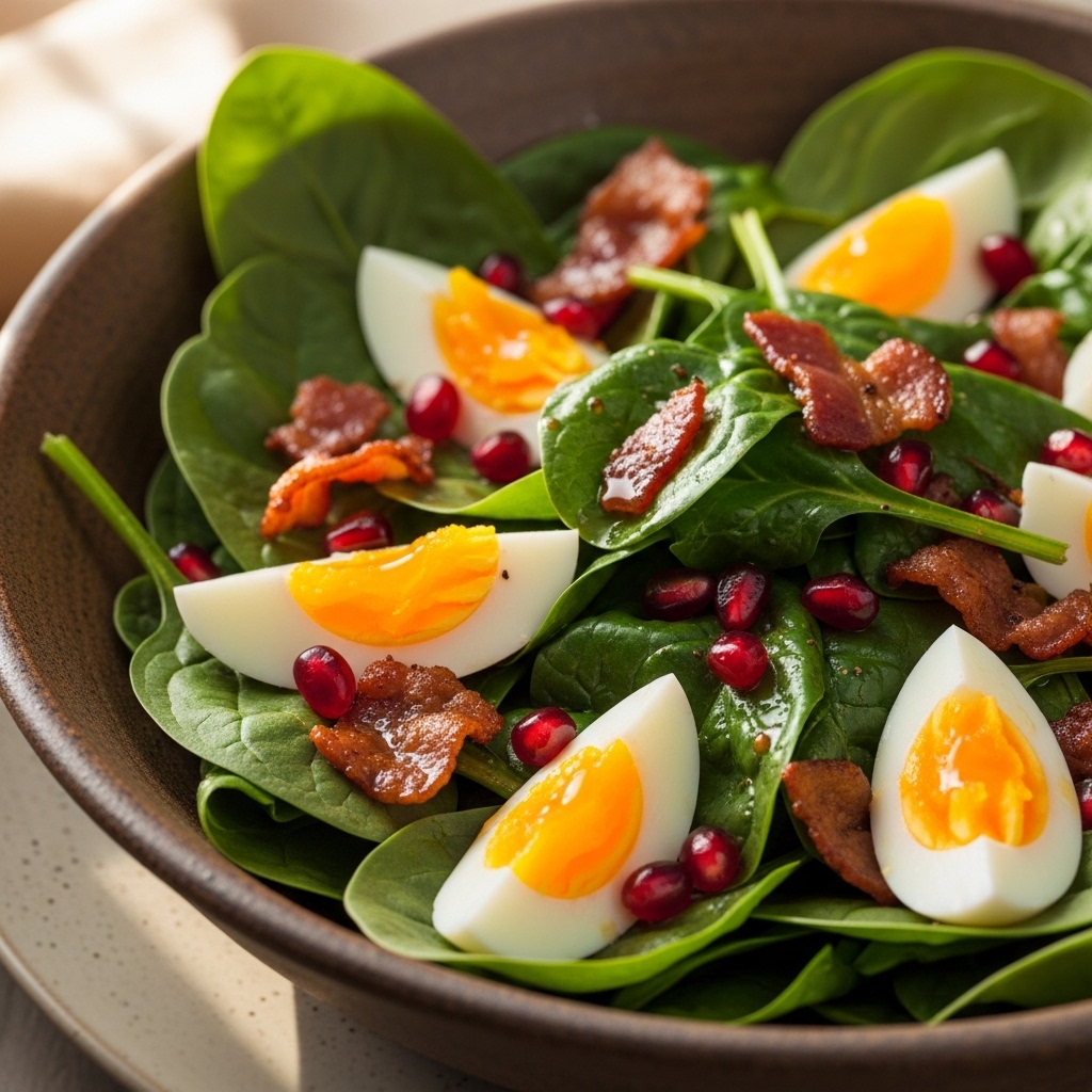 Teplý špenátový salát s horkým slaninovým dresinkem a granátovými jablky