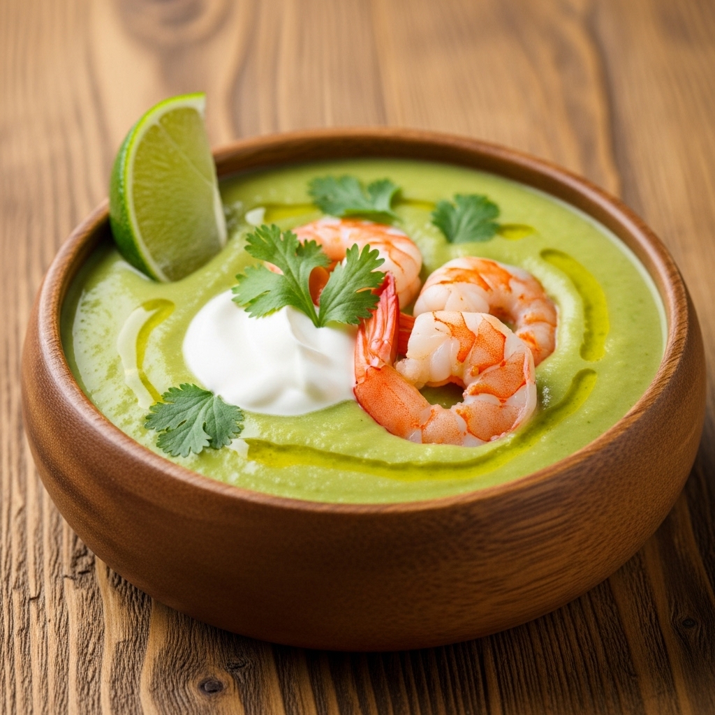 Avokádová krémová polévka s krevetami