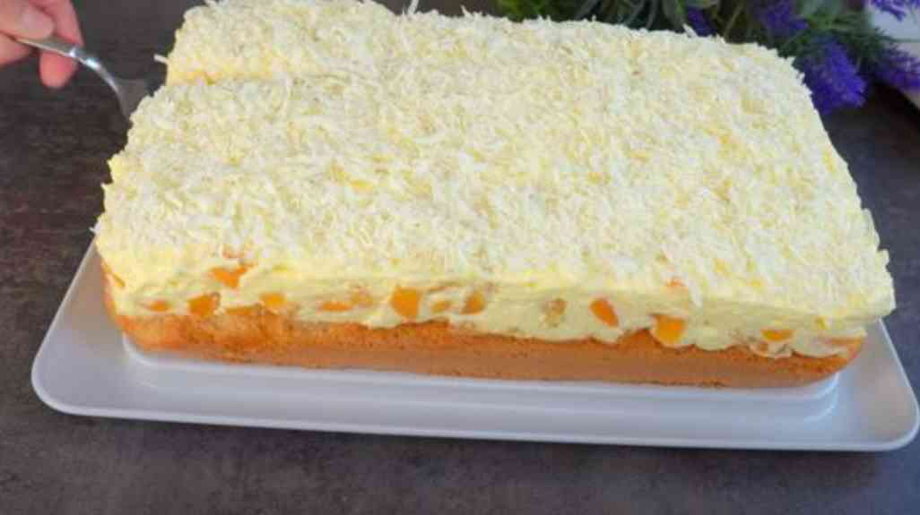 Fantakuchen s nebeským krémem a 2 plechovkami mandarinek