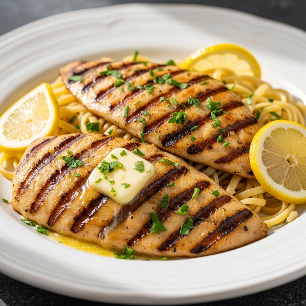 Grilovaný tilápie s česnekovou, bílou vinnou a máslovou omáčkou