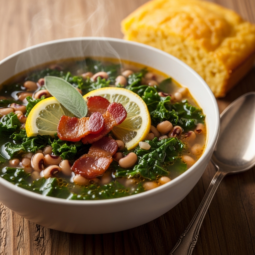 Polévka ze černookých fazolí a kapusty s citronem a šalvějí