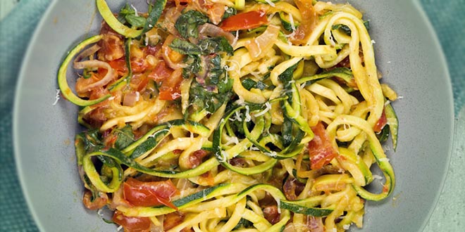 Nízkosacharidové cuketové špagety v mozzarellové smetanové omáčce s čerstvými rajčaty (bez lepku, vegetariánské)