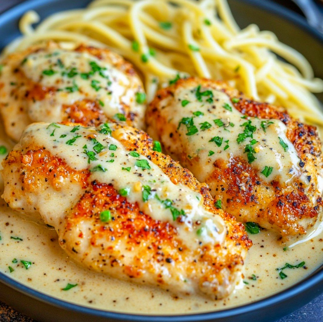 Špagety s kuřecím masem v parmazánovo-česnekové omáčce