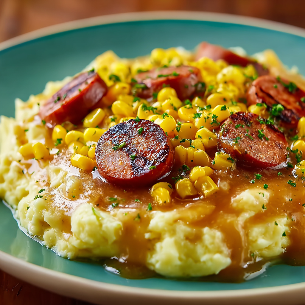 Bramborová kaše s klobásou, kukuřicí a sýrem