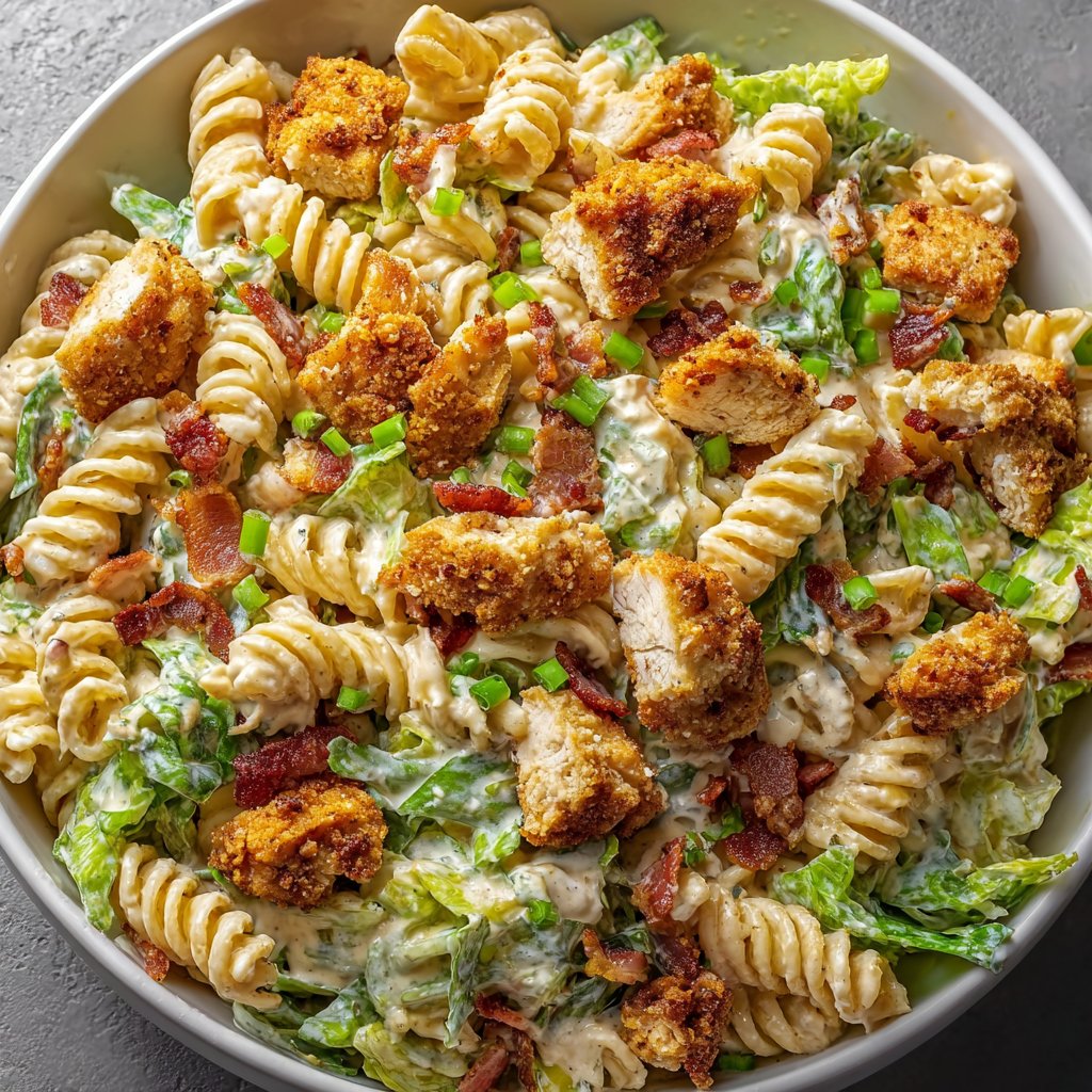 Těstovinový salát s kuřecím masem, slaninou a rančem