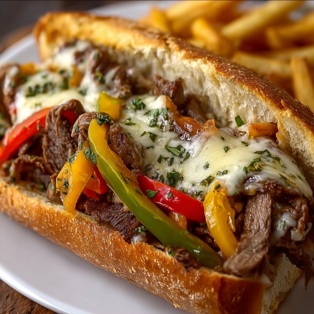 Šťavnatý Philly Cheesesteak Hoagie v domácí housce