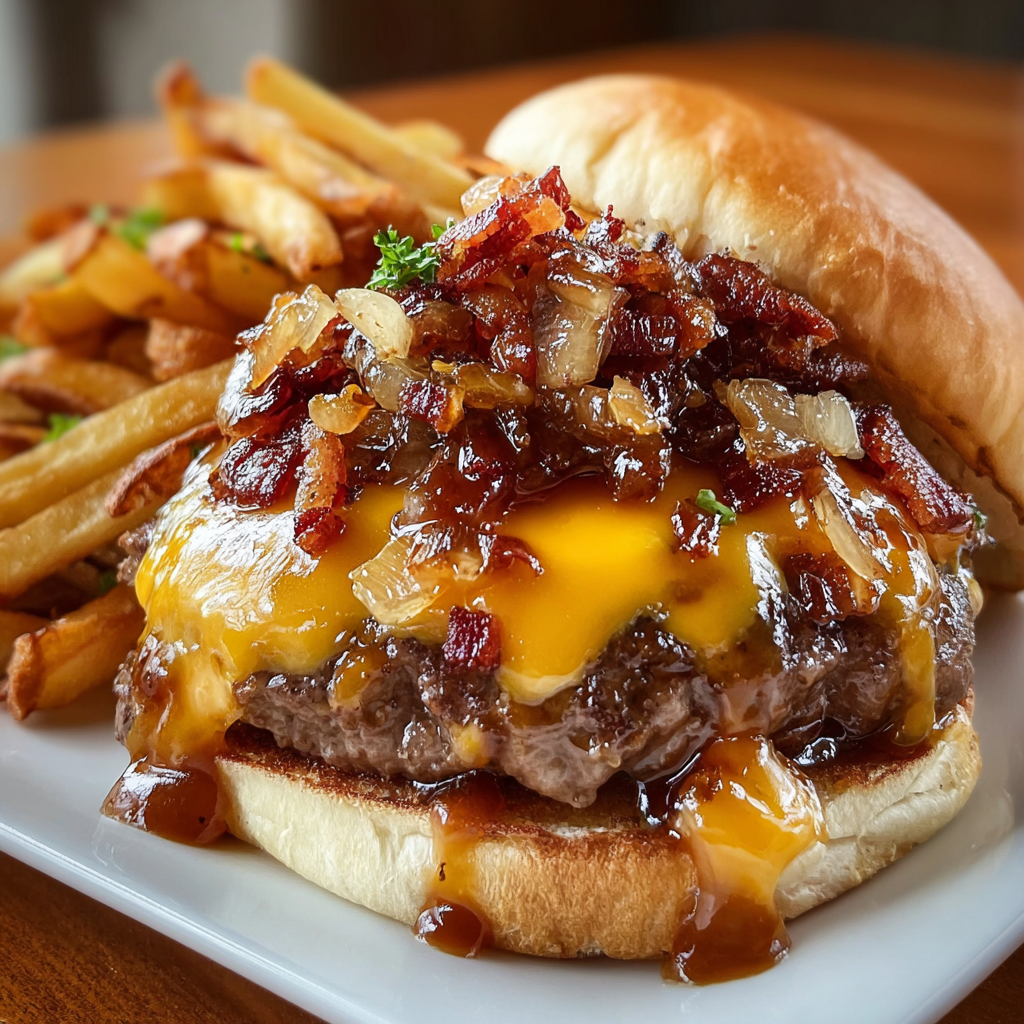 Poutine s javorově glazurovaným slaninovým cheeseburgerem