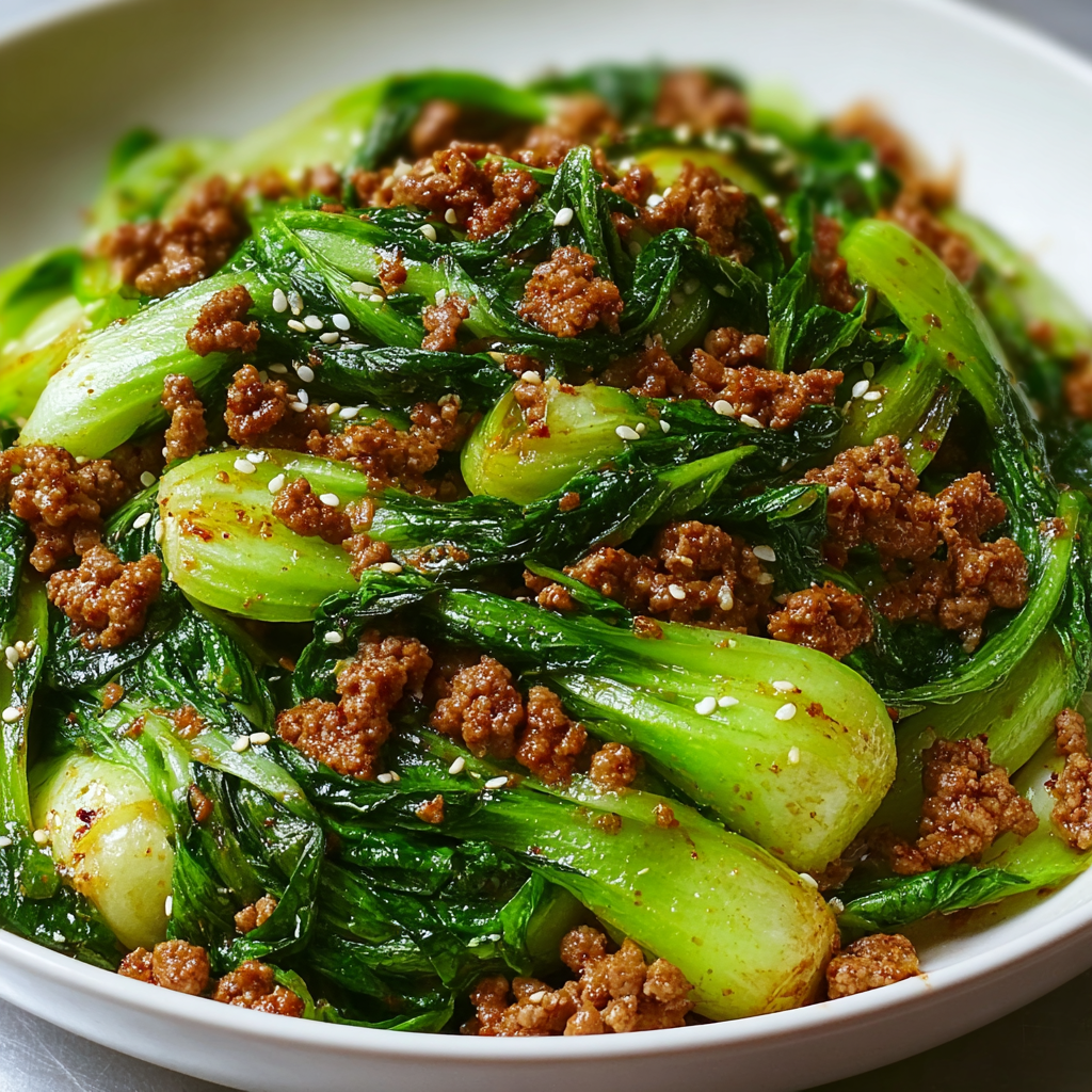 Křupavý bok choy s pikantním mletým masem – aromatické jídlo na pánvi