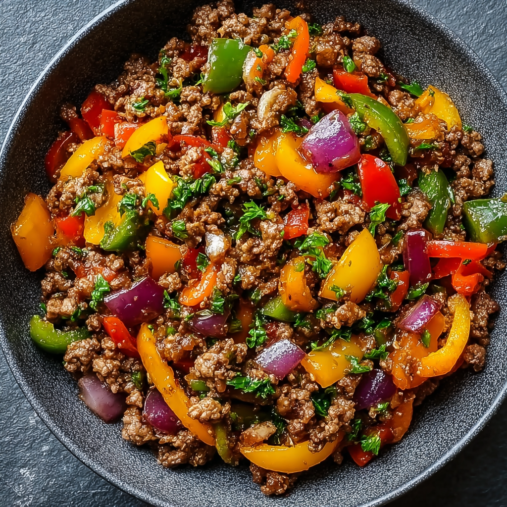 Středomořské hovězí maso se zeleninou na pánvi