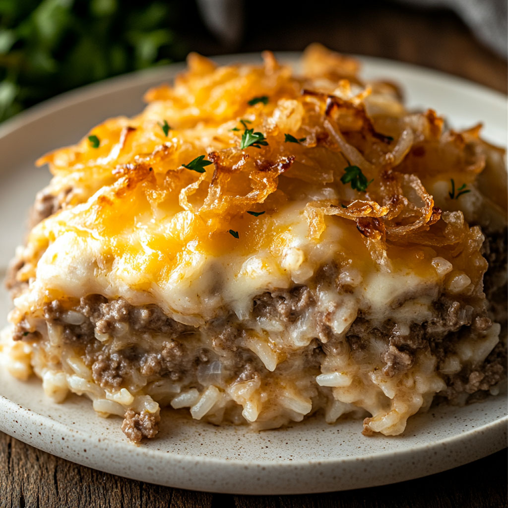 Francouzský cibulový mletý masový rýžový nákyp – chutný, sýrový a plný chuti!