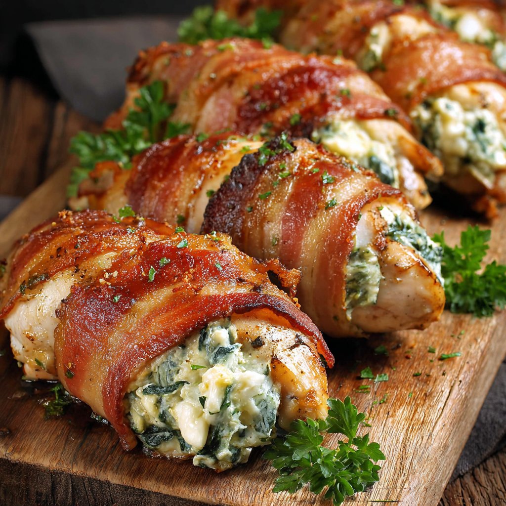 Kuřecí prsa v slaninovém kabátku se sýrem typu cottage