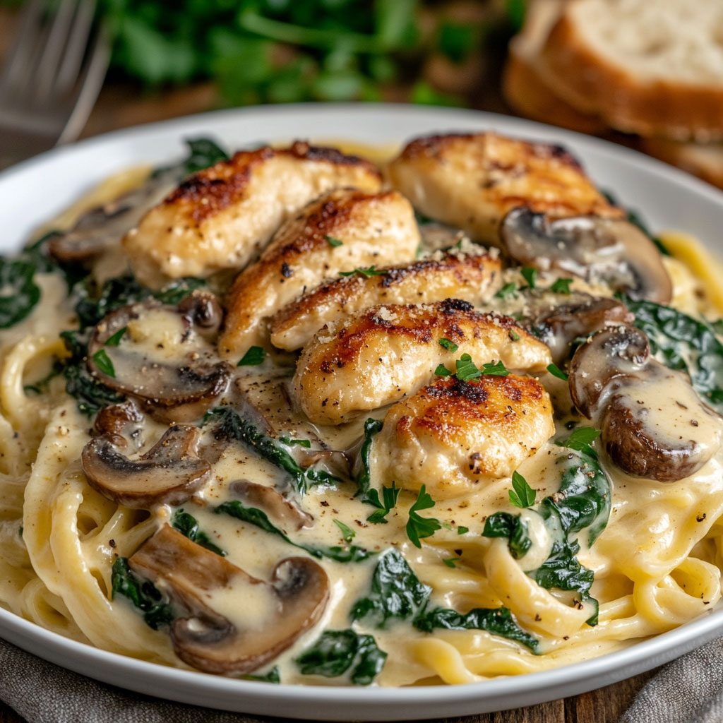 Cremige Pasta mit Pilzen, Spinat und Hähnchen
