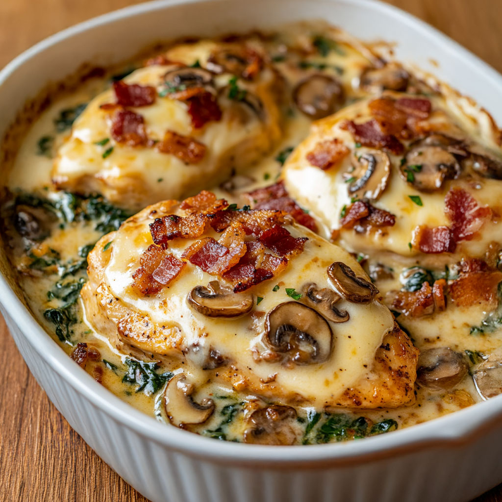 Überbackenes Hähnchen mit Rahmspinat, Bacon und Pilzen