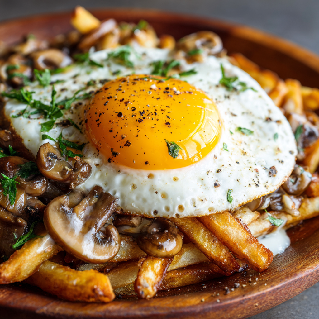 Pommes mit Ei-Pilz-Sauce