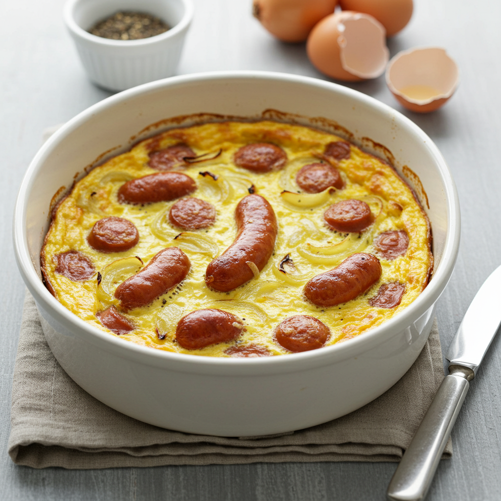 Jednoduchý zapékaný pokrm s vejci a klobásou