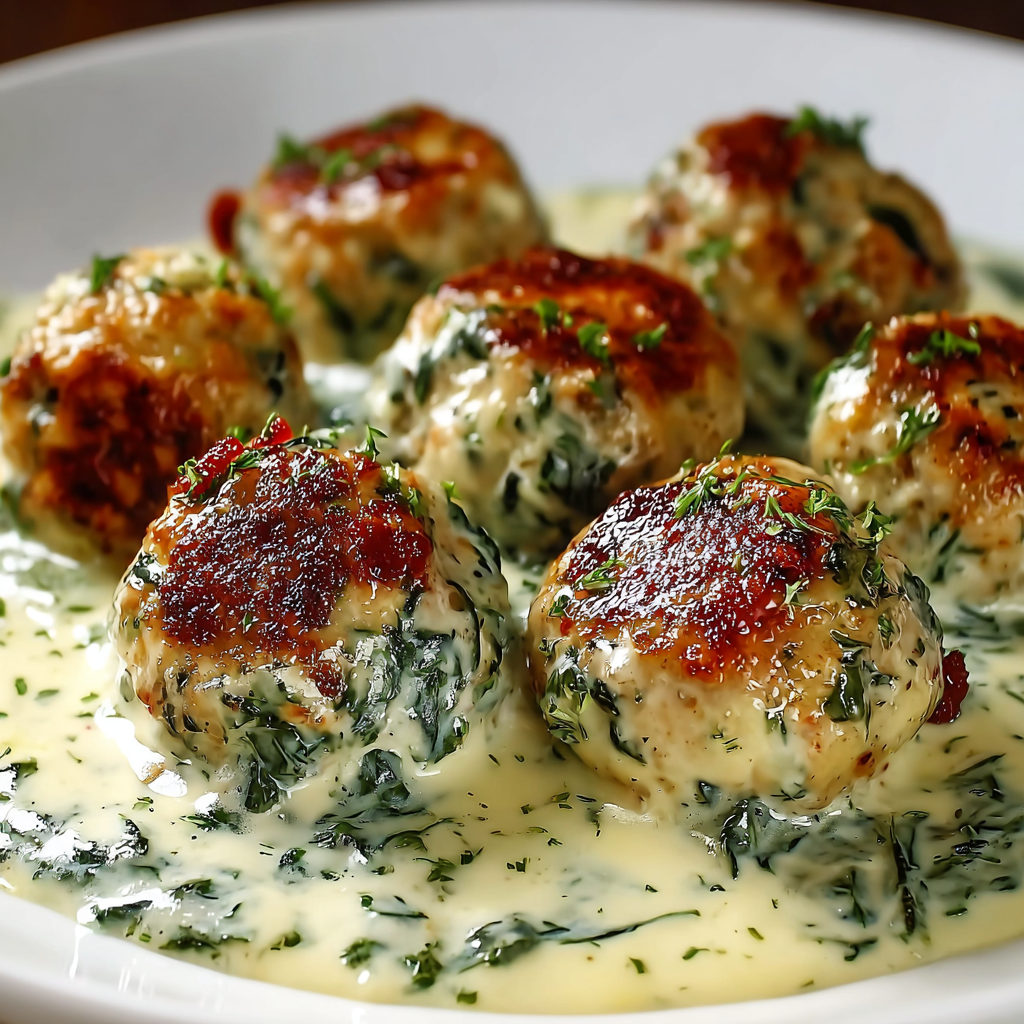 Kuřecí masové kuličky s ricottou v krémové špenátové omáčce Alfredo – jemné, sýrové a plné chuti