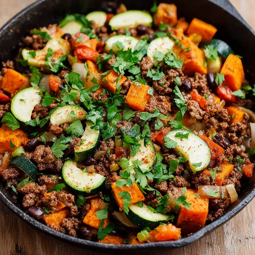 Směs mletého masa a zeleniny na pánvi