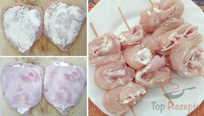 Špízy z kuřecího prsa se šunkou a smetanovým sýrem