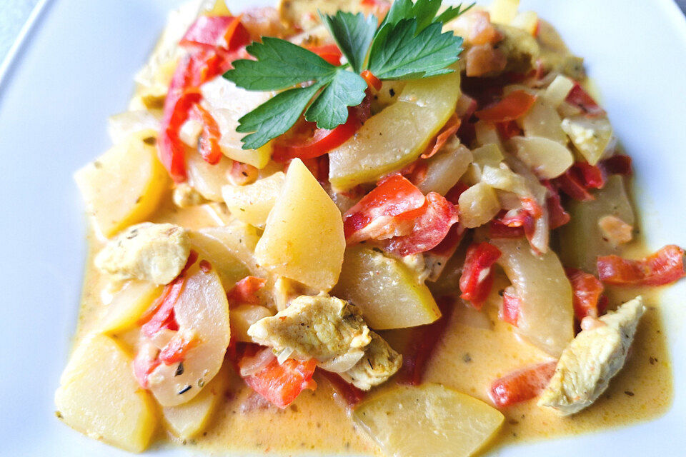 Nízkosacharátová kuřecí prsa se zeleninou (cuketa a rajčata) v krémové omáčce ze smetanového sýra