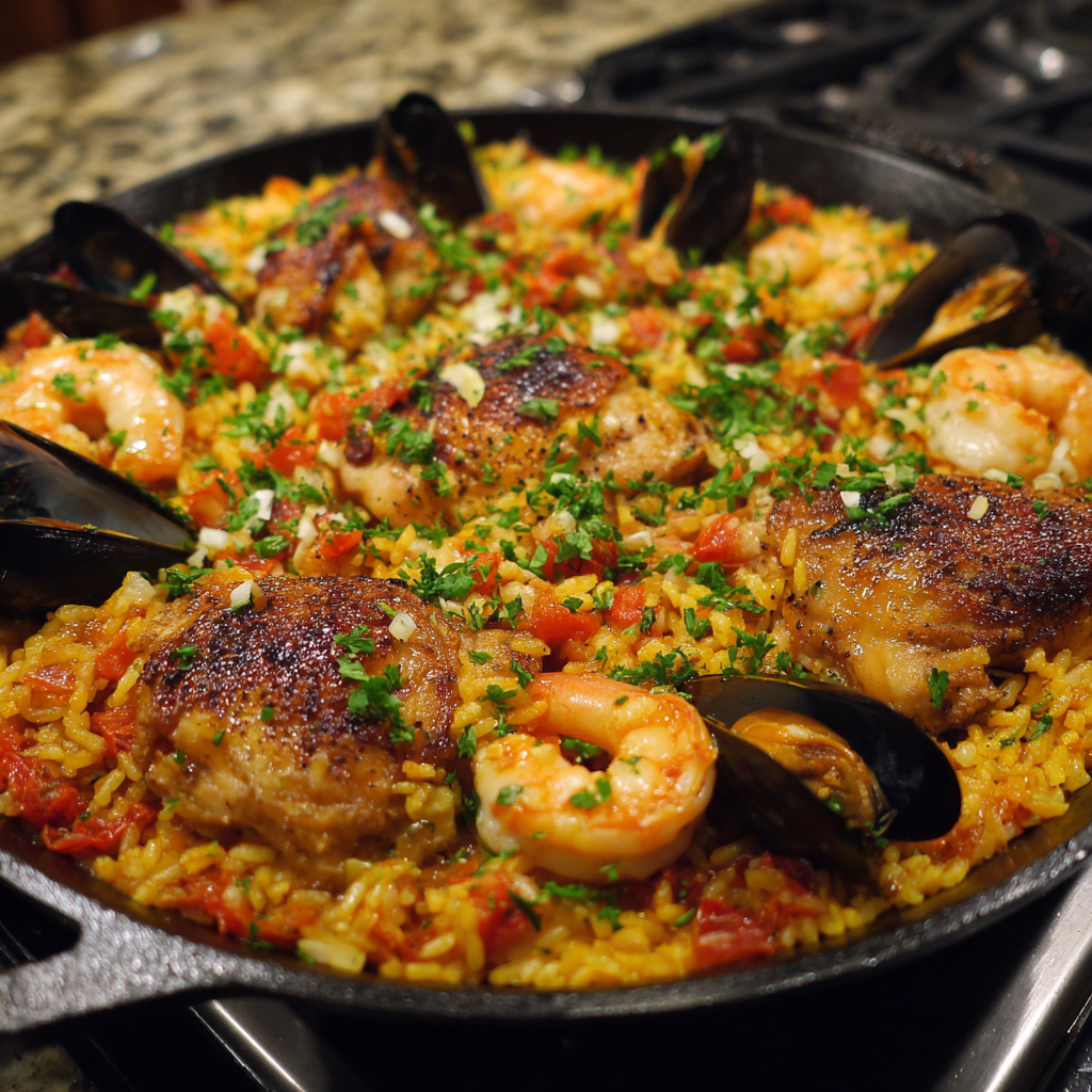 Paella s mořskými plody, kuřetem a chorizem