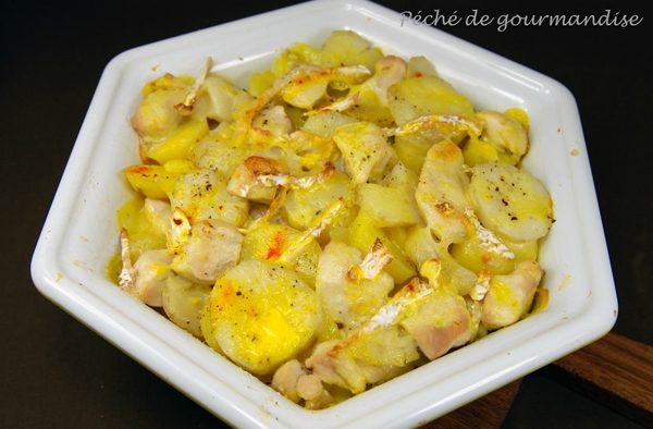 Topinambur, brie, drůbež a šafránový gratin