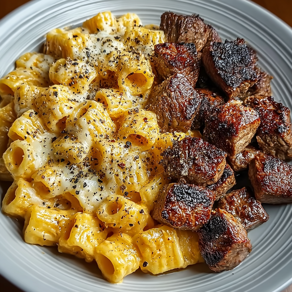 Cajunský steak s parmazánovými rigatoni se sýrem