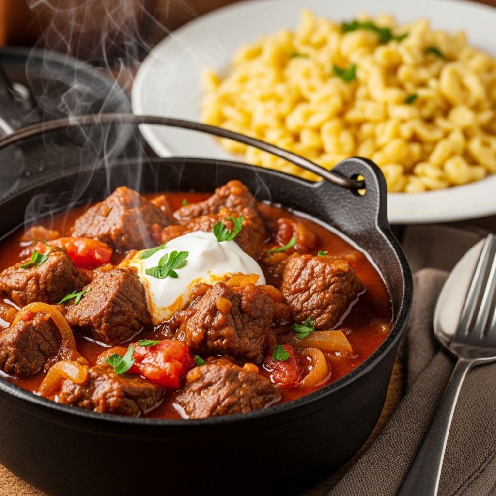 Maďarský hovězí guláš se špecli