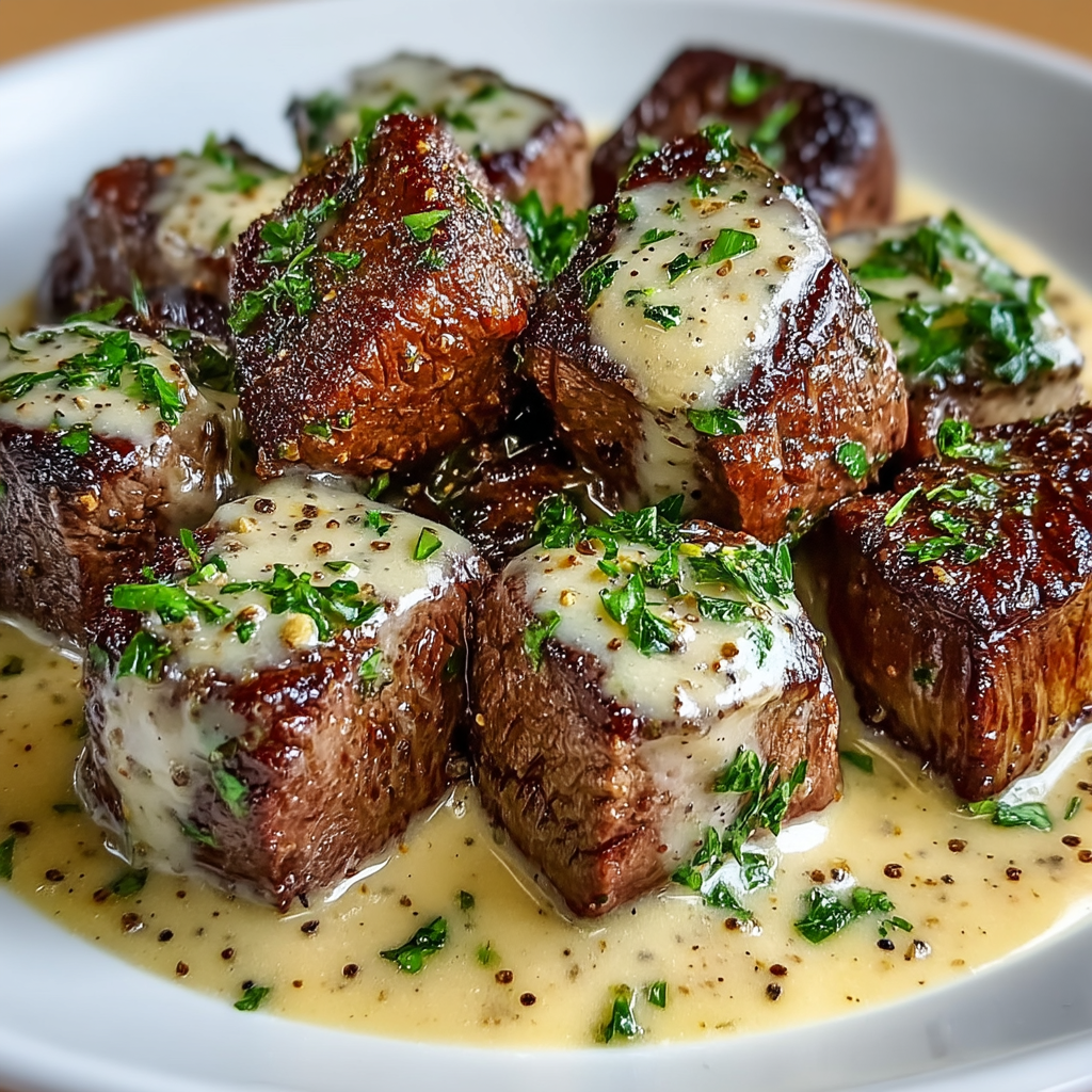 Česnekové máslové steakové kostky se sýrovou smetanovou omáčkou Parmesan