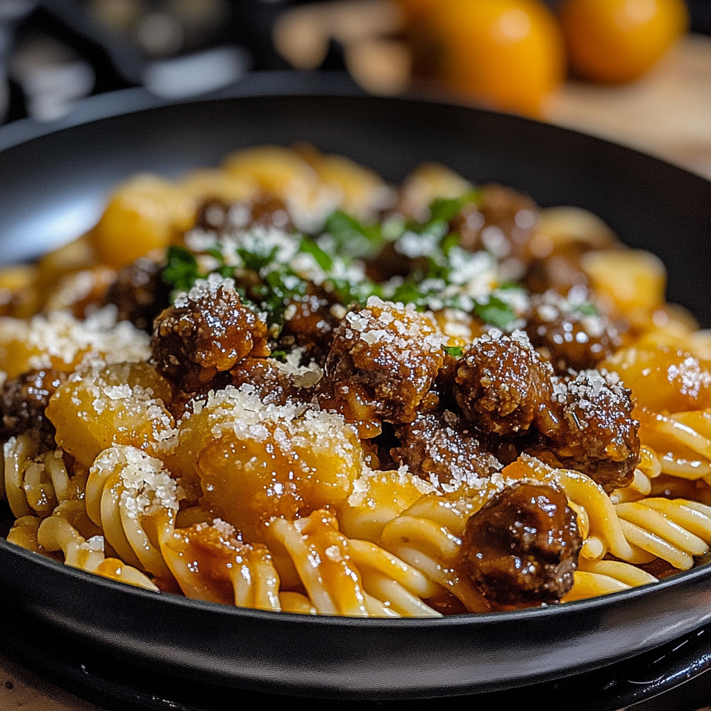 Sýrovo-medové BBQ masové kuličky s těstovinami z pánve