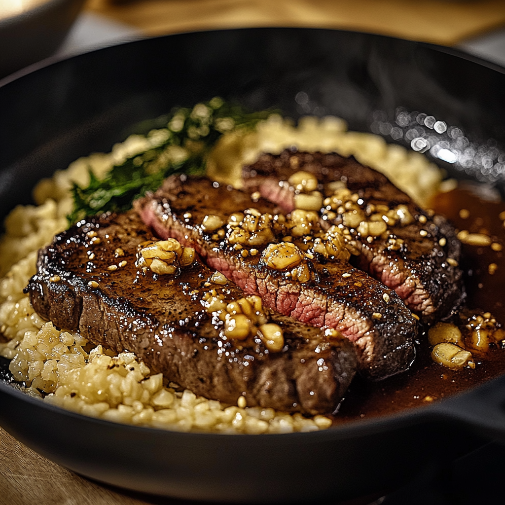 Steaková pánev s medovo-česnekovým máslem a rýží