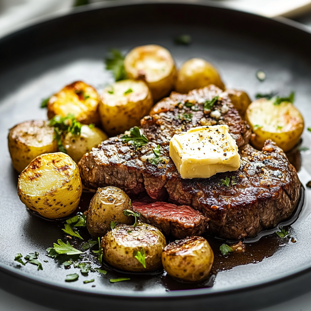 Steakové kousky s česnekovým máslem a bramborami