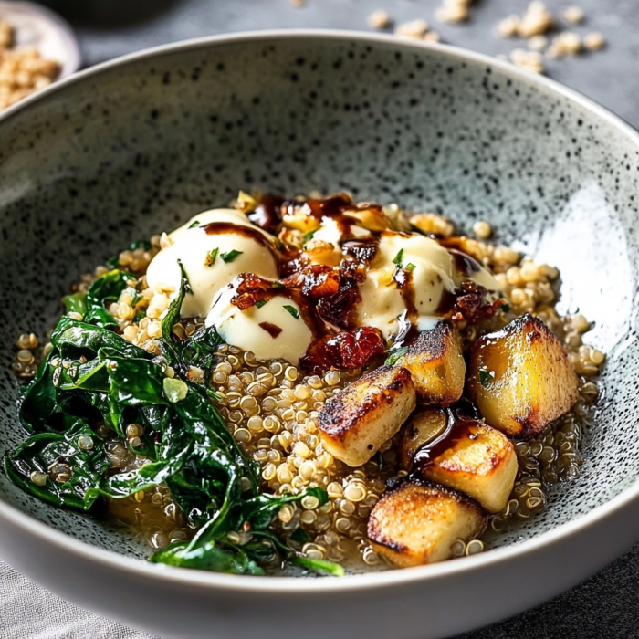 SNÍDANOVÁ MISKA S ŠPENÁTEM, HŘÍBKY A QUINOOU