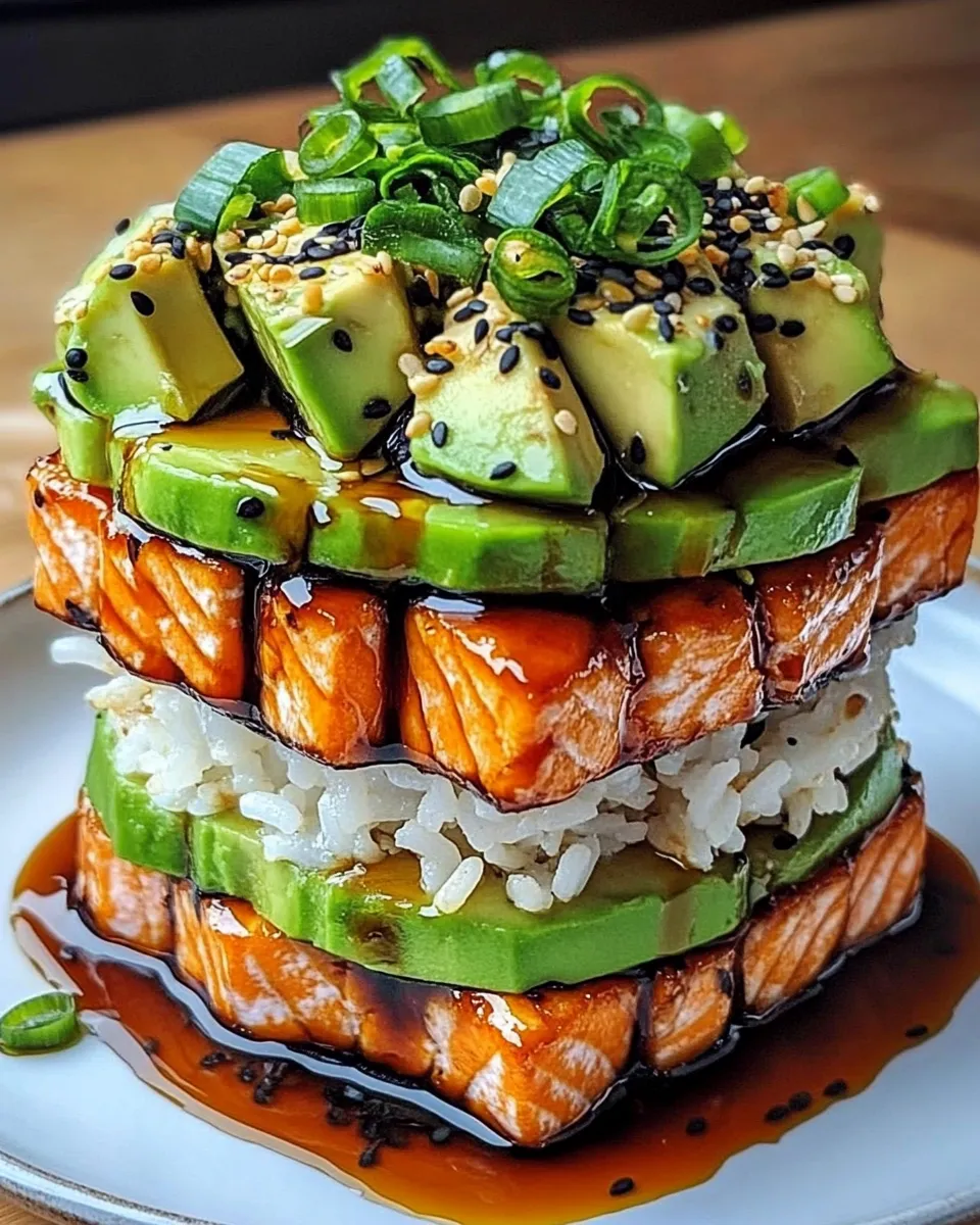 Teriyaki losos avokádová rýžová věž