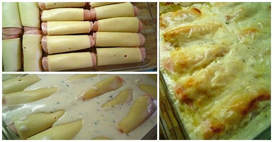 Kuřecí závitky v smetanové omáčce zapečené se šunkou a sýrem