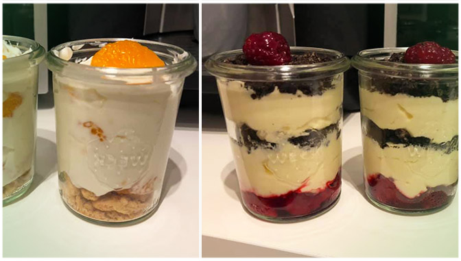 Malinovo-oreo vrstvený dezert a mandarinkový tvarohový dezert