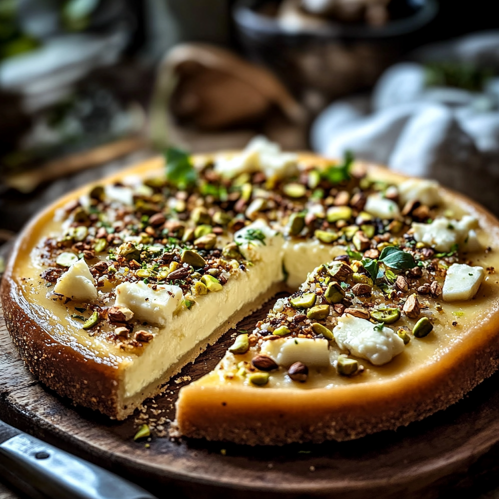 Tvarohový koláč s pistáciemi, houbami a krustou z Feta a parmezánu