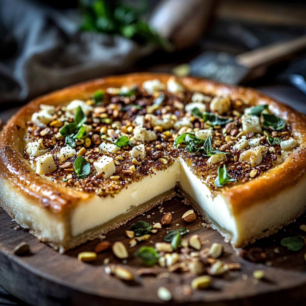 Sýrový koláč s pistáciemi, houbami a fetovo-parmezánovou krustou