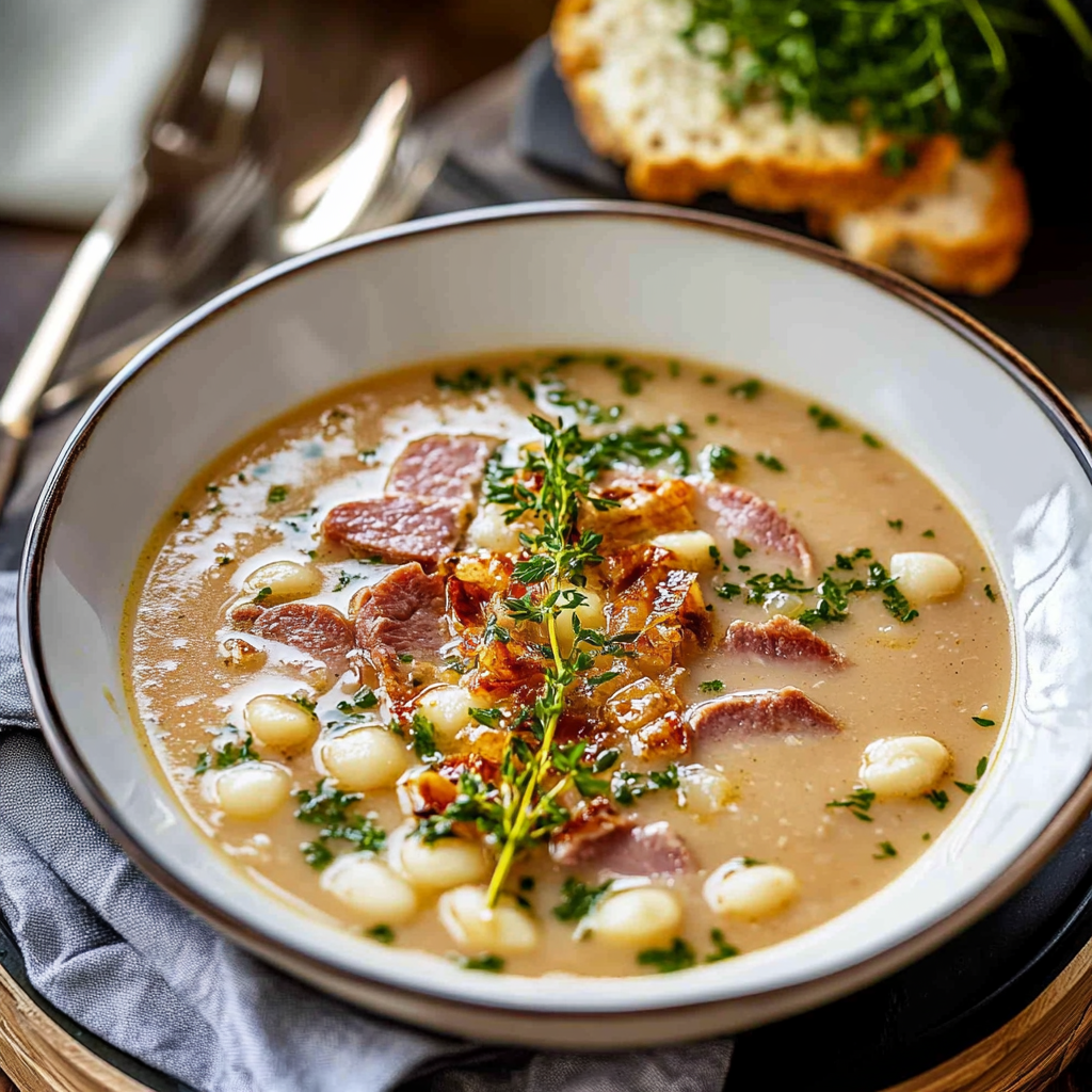 Polévka z bílých fazolí a vepřových kolen s šunkou