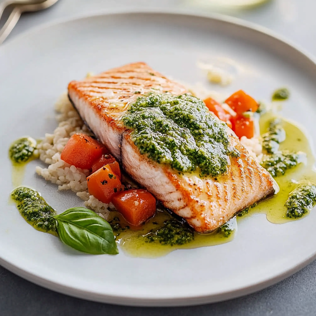 FODMAP-snížený losos s bazalkovo-kapríkovým pestem