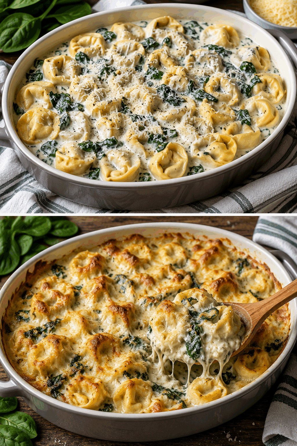 Zapečené tortellini se smetanou a špenátem: Krémová večeře z jedné zapékací mísy, kterou si oblíbí celá rodina