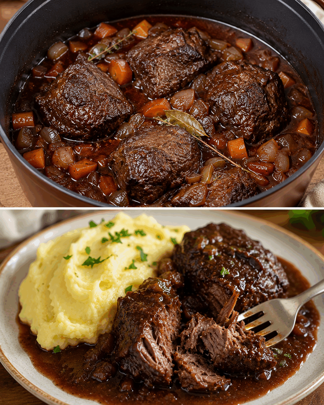 Dušená hovězí líčka na červeném víně s hedvábnou bramborovou kaší. Slavnostní recept, který se doslova rozpadá na vidličce